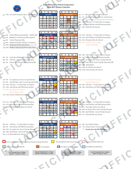 Gary Community School Corporation 2026-27 calendar