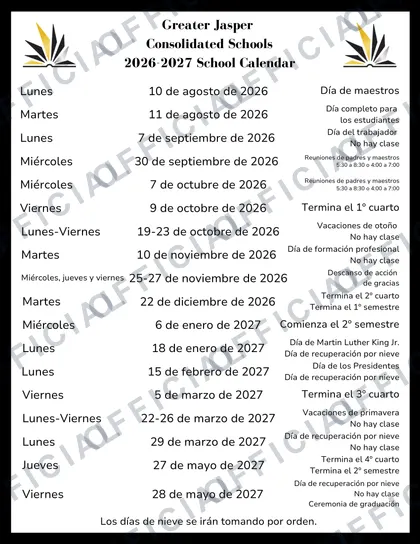 Greater Jasper Consolidated Schools 2026-27 calendar