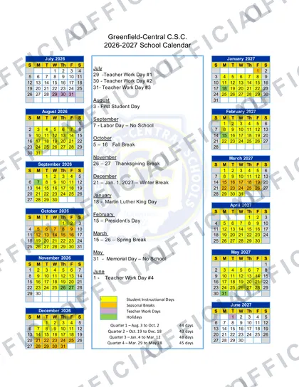 Greenfield-Central C.S.C. 2026-27 calendar