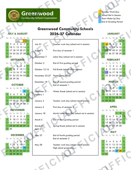 Greenwood Community Schools 2026-27 calendar