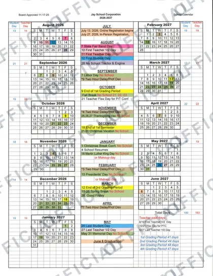 Jay School Corporation 2026-27 calendar