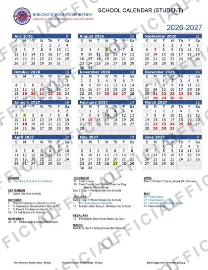 Kokomo School Corporation 2026-27 calendar