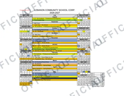 LEBANON COMMUNITY SCHOOL CORP. 2026-27 calendar