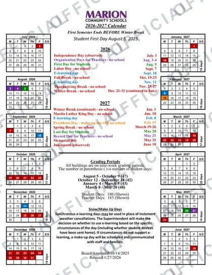Marion Community Schools 2026-27 calendar