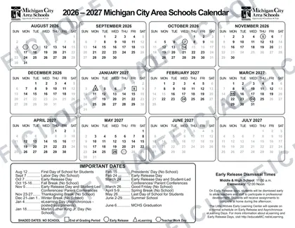 Michigan City Area Schools 2026-27 calendar