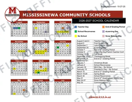 Mississinewa Community Schools 2026-27 calendar