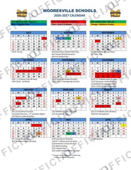 Mooresville Schools 2026-27 calendar