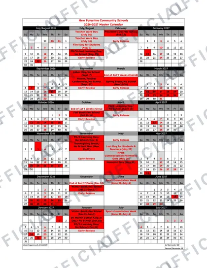 New Palestine Community Schools 2026-27 calendar