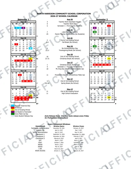 North Harrison Community School Corporation 2026-27 calendar