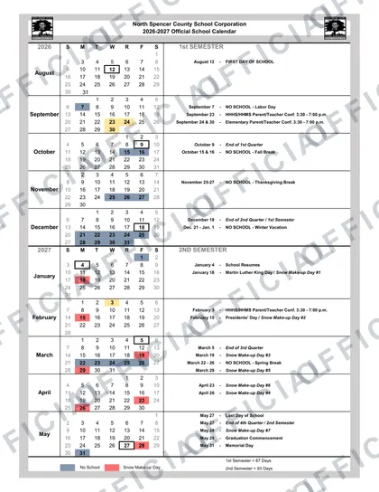 North Spencer County School Corporation 2026-27 calendar