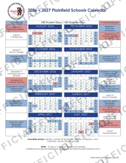 Plainfield Community School 2026-27 calendar