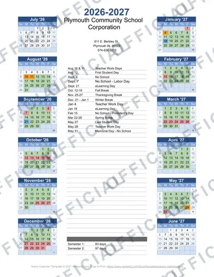 Plymouth Community School Corporation 2026-27 calendar