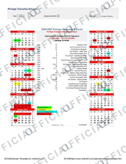 Portage Township Schools 2026-27 calendar