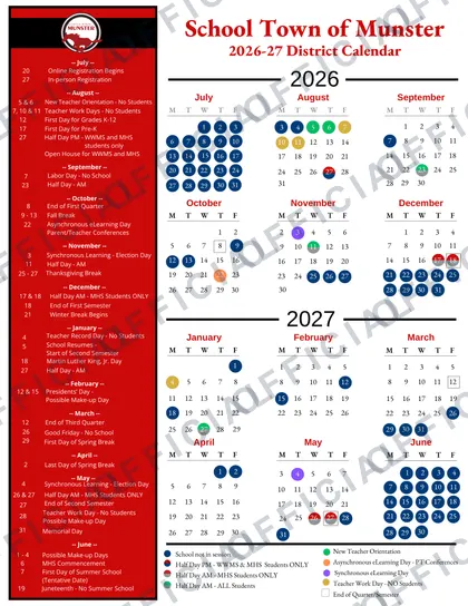 School Town of Munster 2026-27 calendar