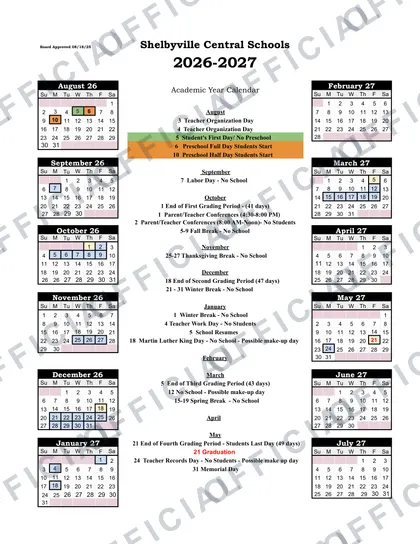 Shelbyville Central Schools 2026-27 calendar