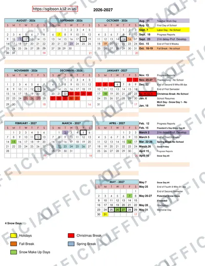 South Gibson School Corporation 2026-27 calendar