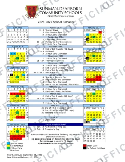 Sunman-Dearborn Community Schools 2026-27 calendar