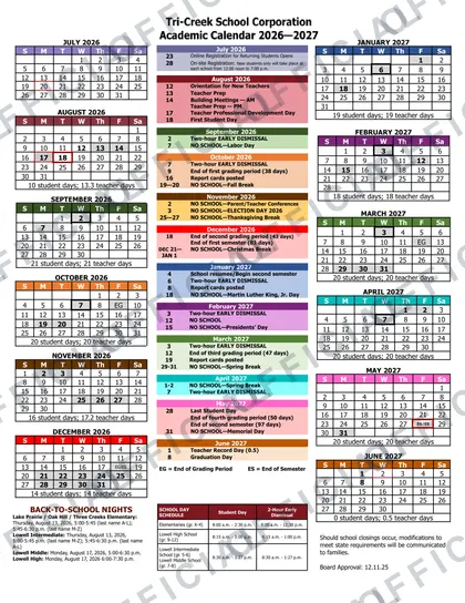 Tri-Creek School Corporation 2026-27 calendar