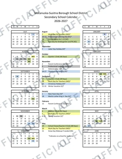 Valdez City Schools HHES 2026-27 calendar