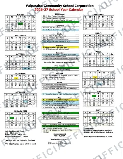 Valparaiso Community School Corporation 2026-27 calendar