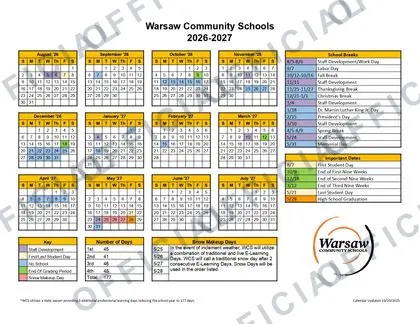 Warsaw Community Schools 2026-27 calendar
