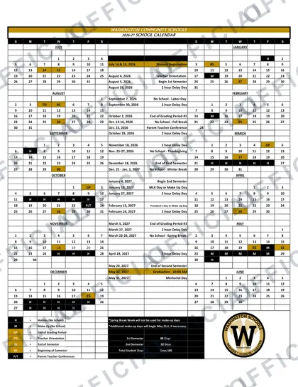 Washington Community Schools 2026-27 calendar