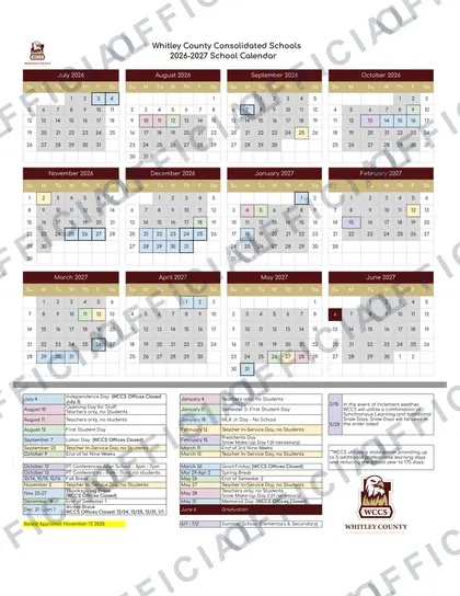 Whitley County Consolidated Schools 2026-27 calendar
