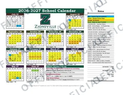 Zionsville Community Schools 2026-27 calendar