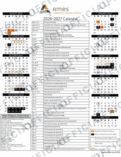 Ames Community School District 2026-27 calendar