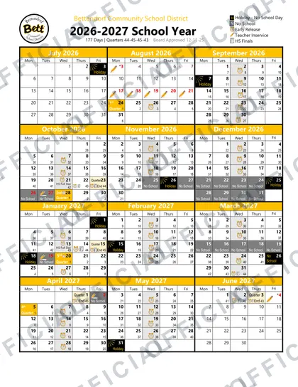Bettendorf Community School District 2026-27 calendar