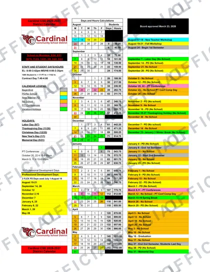 Cardinal Community School District 2026-27 calendar