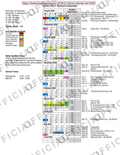 Charles City Schools 2026-27 calendar