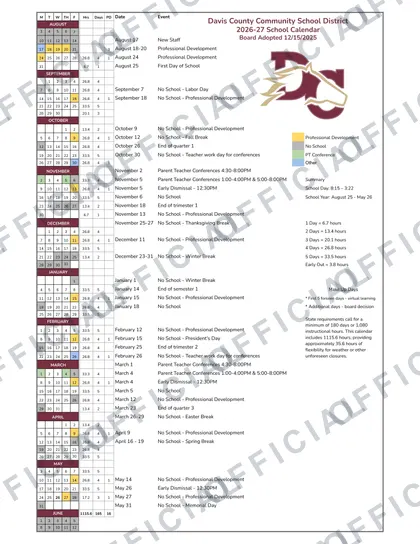 Davis County Community School District 2026-27 calendar