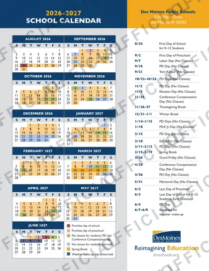 Des Moines Public Schools 2026-27 calendar
