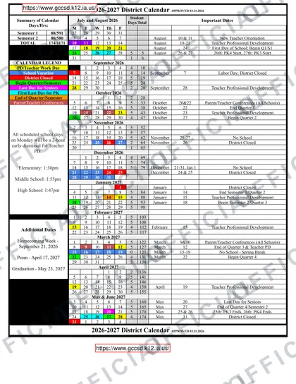 Greene County Community School District 2026-27 calendar