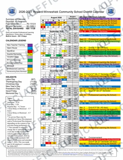 Howard-Winneshiek Community School District 2026-27 calendar
