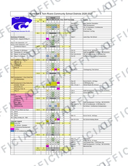 Humboldt & Twin Rivers Community School Districts 2026-27 calendar