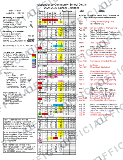 Independence Community School District 2026-27 calendar