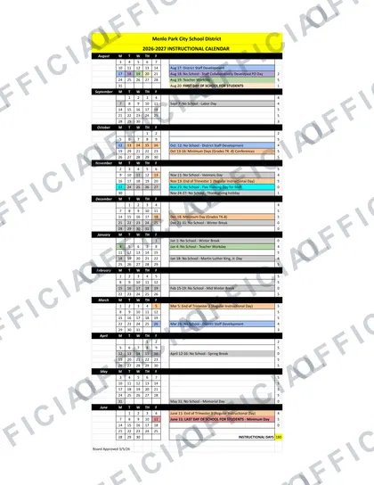 Menlo Park City School District 2026-27 calendar