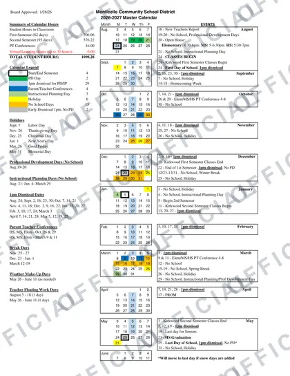Monticello Community School District 2026-27 calendar