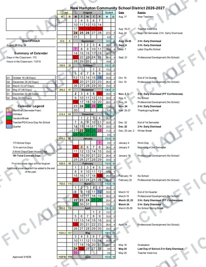 New Hampton Community School District 2026-27 calendar