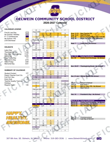 Oelwein Community School District 2026-27 calendar