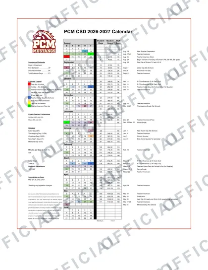 PCM CSD 2026-27 calendar