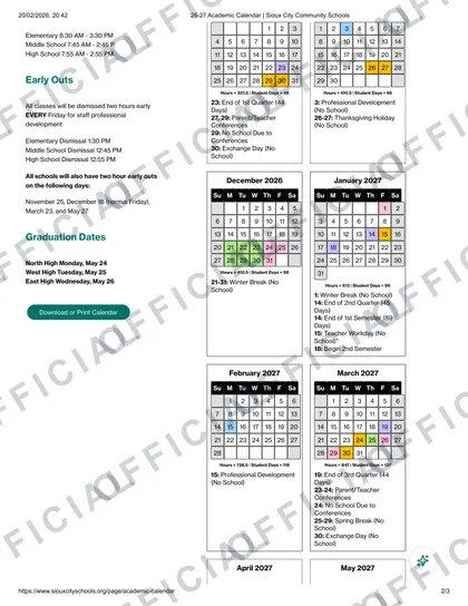 Sioux City Community Schools 2026-27 calendar
