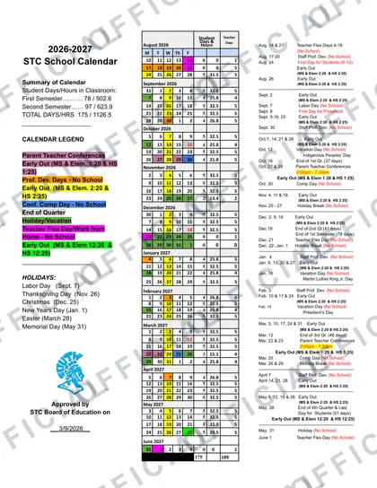 STC School 2026-27 calendar