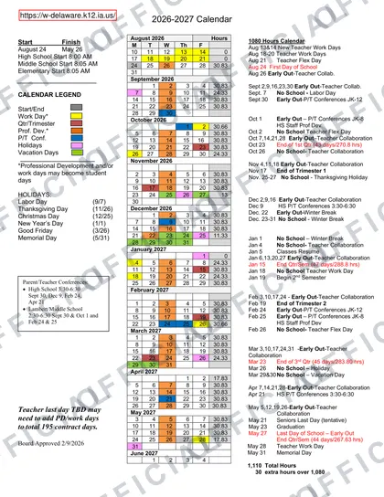 West Delaware 2026-27 calendar