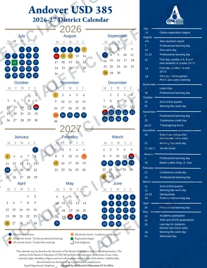 Andover USD 385 Term Dates 2026-27 calendar