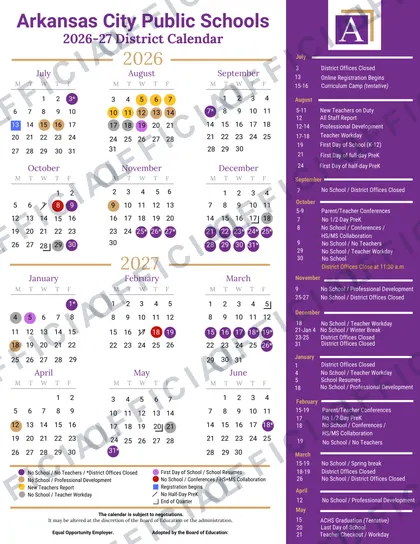 Arkansas City Public Schools USD 470 2026-27 calendar