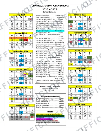 Atchison USD 409 2026-27 calendar