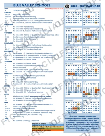 Blue Valley Schools 2026-27 calendar